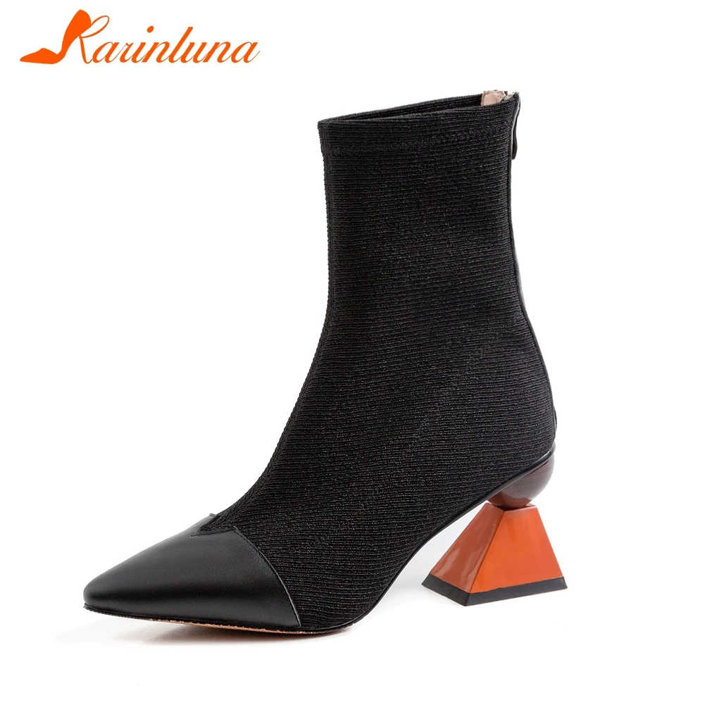 

KARINLUNA brand design genuine leather knitting boots chunky heels boots Woman Shoes Women sexy sock boots shoes woman boots