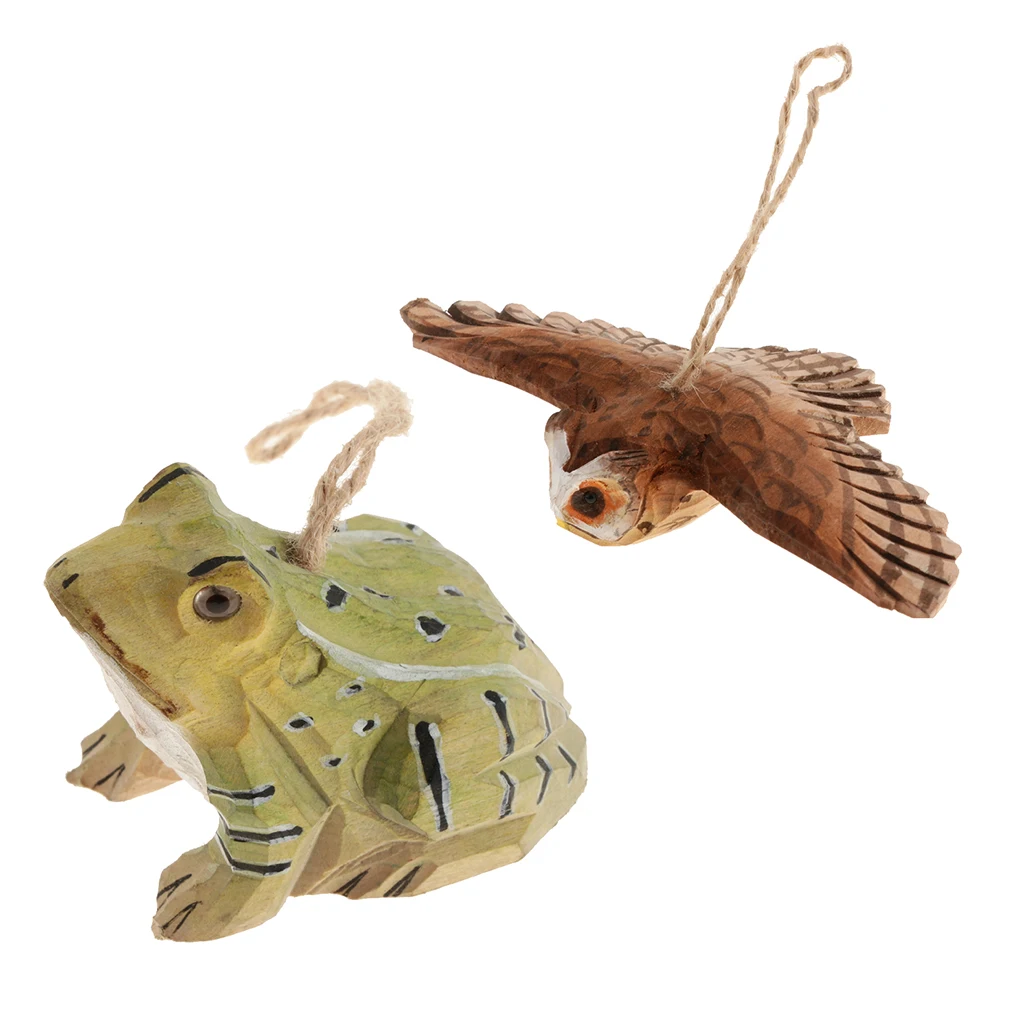 100% Hand Carved Owl & Frog Hanging Animal Statue Figurines Sculpture Wooden Hanging Ornament Home Garden Rustic Decorations