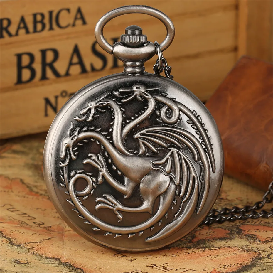 

Retro Grey Three Heads Dragon Game of Thrones Theme Quartz Pocket Watch Hot Sale Item Pendant Clock Gifts for Kids Men Women