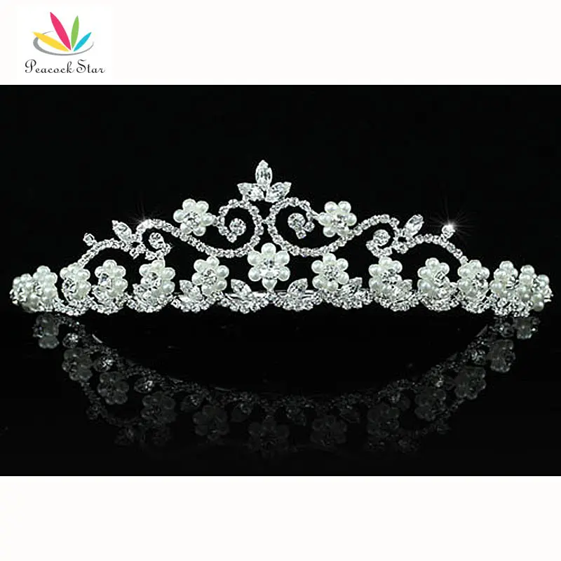 Peacock Star Bridesmaid Bridal Wedding Party Quality White Simulated Pearl Crystal Tiara CT1453