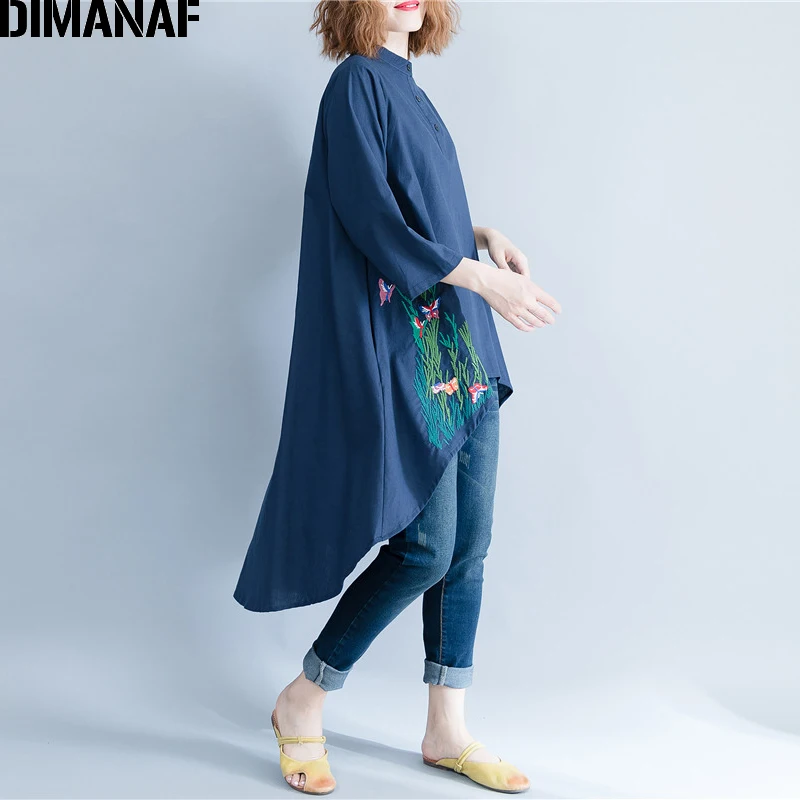  DIMANAF Women Blouse Shirt Long Sleeve Linen Thin Top Autumn Embroidery Femme Lady Large Loose Big 