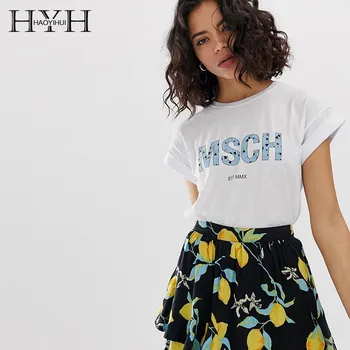 

HYH Haoyihui Round Neck Drop Shoulder Cuff Flap "MSCH" Letter Printing Simple Sweet Conventional White Short Sleeve T-shirt