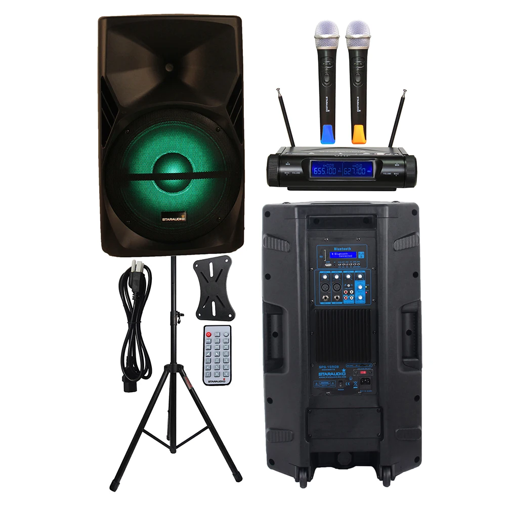

STARAUDIO 3500W 15" DJ PA Active Powered Speaker RGB Light Speaker Stand 2CH Wireless Church UHF Handheld Mic System SPS-15RGB