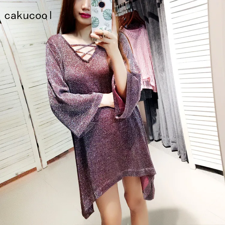 

Cakucool Silver Lurex Dress Long Flare Sleeve Sexy Bling Vestidos Deep Criss-Cross V-neck Backless Asymmetric Knit Party Dresses