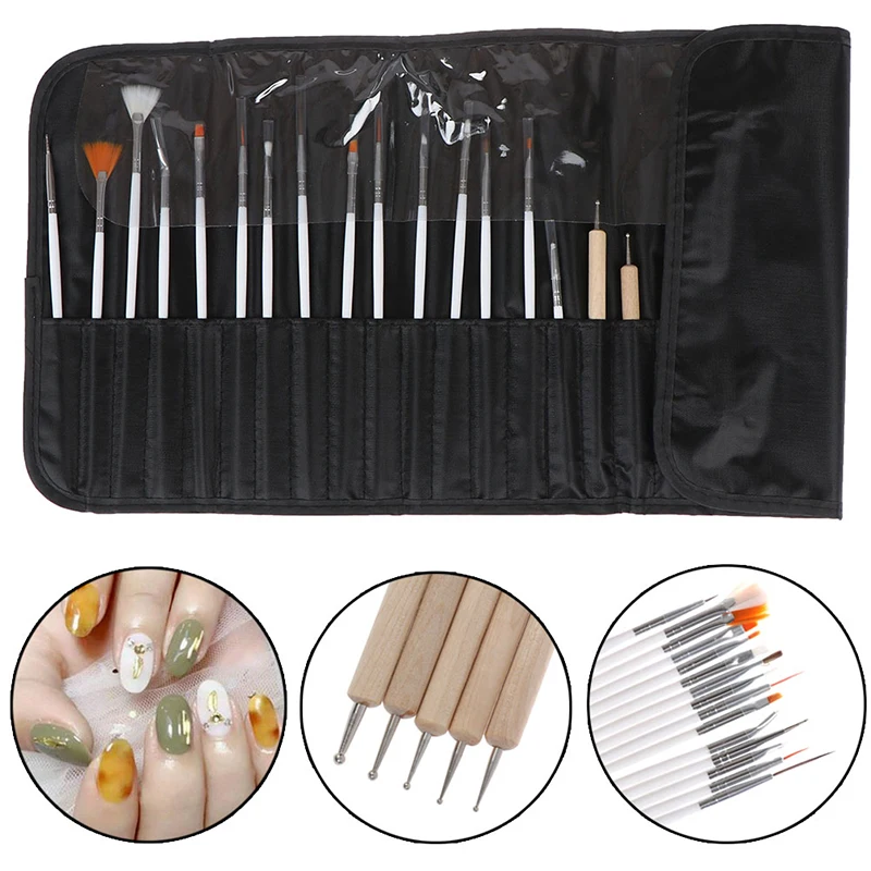 20 Pcs/Set Nail Art Decorations Brush Set Tools Professional Painting Pen For False Nail Tips UV Nail Gel Polish + Pouch Bag