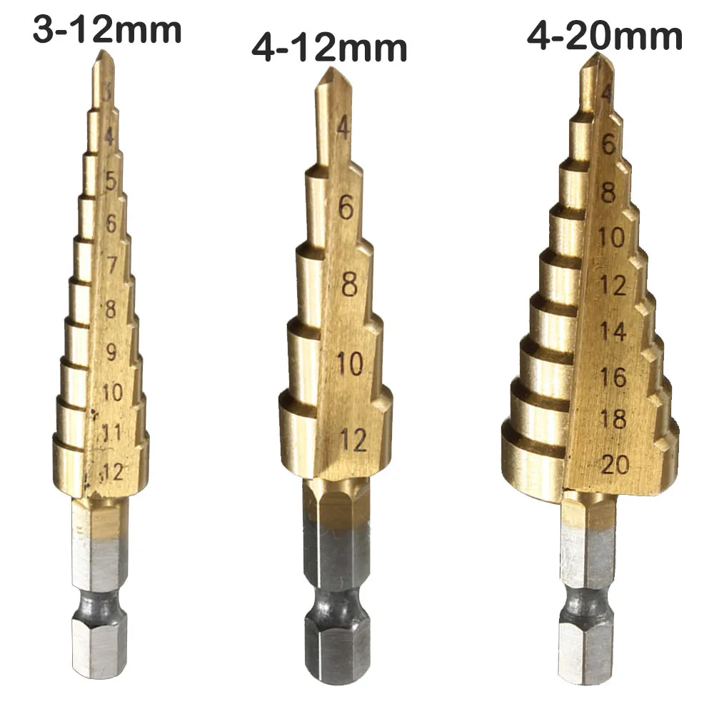 Металлические перовые сверла 3-12/4-12/20/32 мм Шаг сверло Спираль Флейта HSS Сталь конус Титан покрытием мини сверло Набор инструментов дыропробивной пресс - Цвет: 3-12 4-12 20mm(3PCS)
