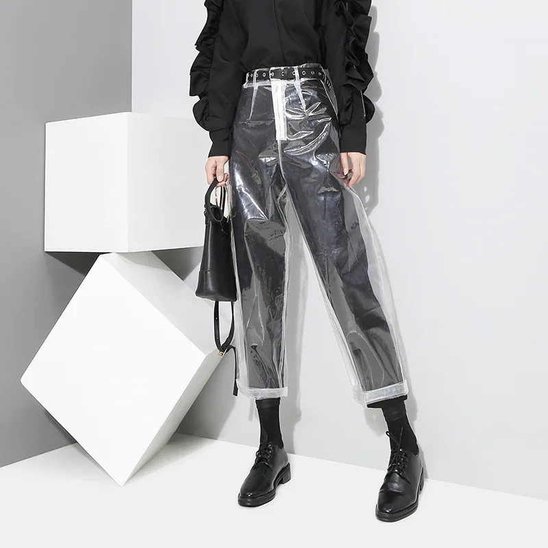 

[EWQ] 2019 Spring Summer New Pattern Transparent Colors Patchwork PU Splice Joint Ankle Length Pants Women Fashion Tide AG47900