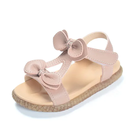 DIMI/Новинка года; летние сандалии для девочек из натуральной кожи; мягкая удобная обувь принцессы с бантом; детские Нескользящие сандалии на плоской подошве для девочек - Цвет: Розовый