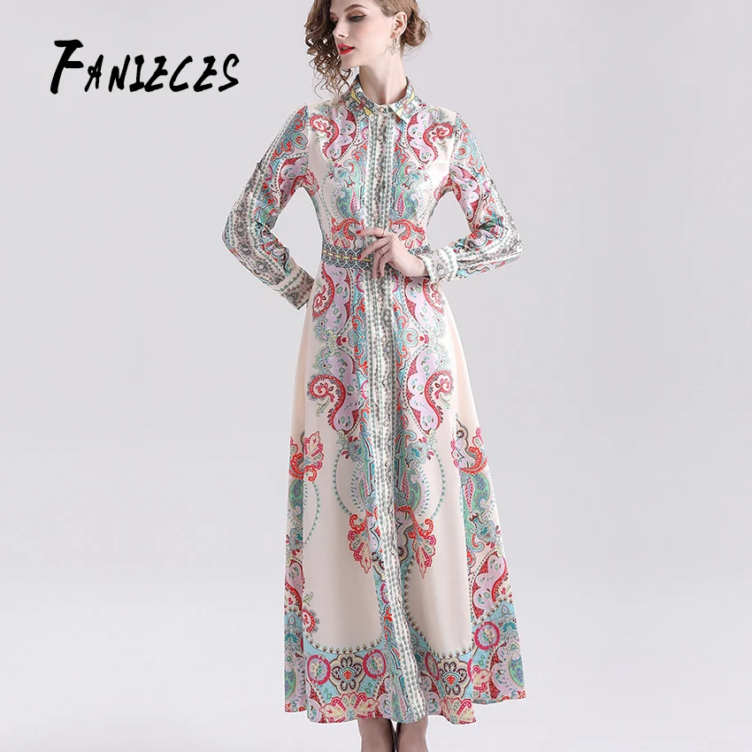 

Autumn winter Long Sleeve Luxury Print Designer Runway Dresses 2019 fashion Women High Quality Vintage Midi Dress Robe Femme