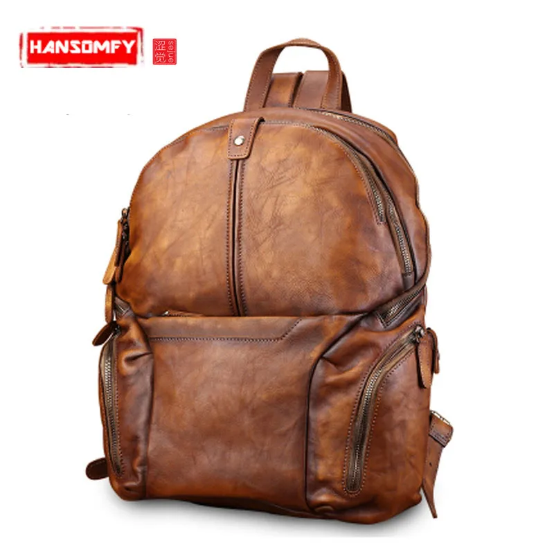 

Retro casual Men Genuine leather bag male fashion trend men's backpack large capacity shoulder Bags men's travel Backpacks