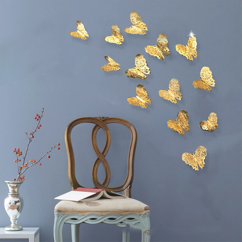 

Gold 3D Butterfly Wall Stickers Room Decor Home Decor Fine 12 Pcs Hollow Butterflies DIY Wall Sticker Decorations for Home