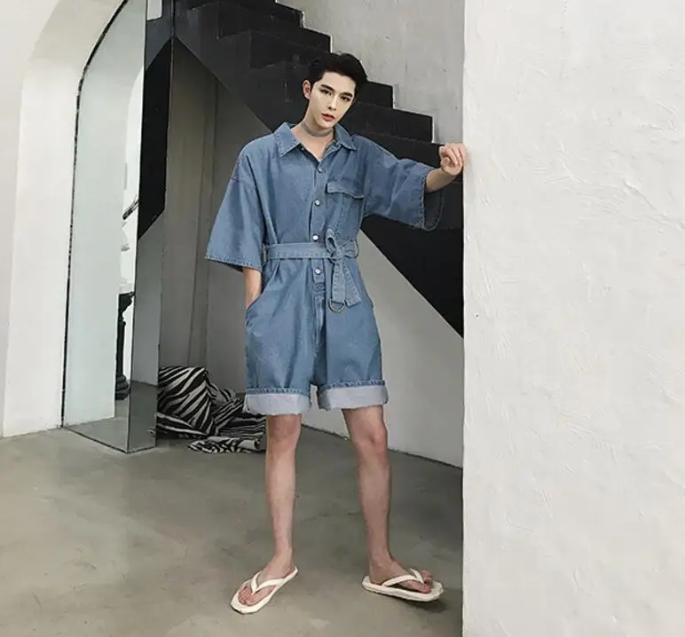 Летняя мужская новая одежда модный Свободный джинсовый набор комбинезонов с короткими рукавами с широкими штанами набор костюмов для волос m-xxl
