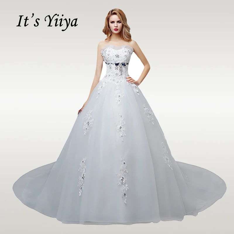 

It's YiiYa Wedding Dress 2019 Plus Size White Train Wedding Dresses Elegant Crystal Lace Up Sleeveless robe de mariee HS609