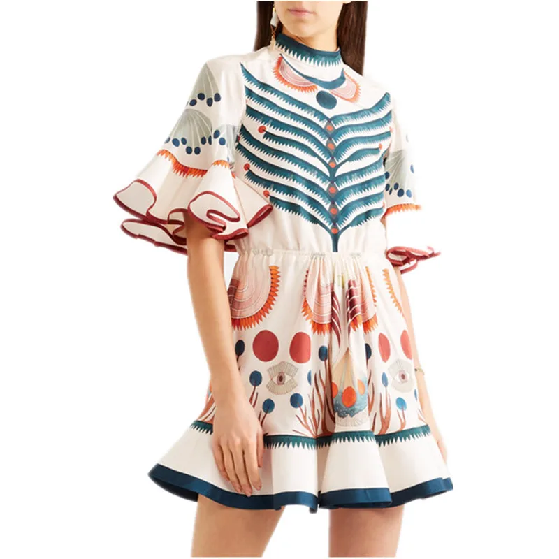 Харадзюку платье для леди летнее Новое Женское подиумное дизайнерское платье с расклешенными рукавами и рюшами мини-платье богемное платье в стиле бохо с рыбьим хвостом
