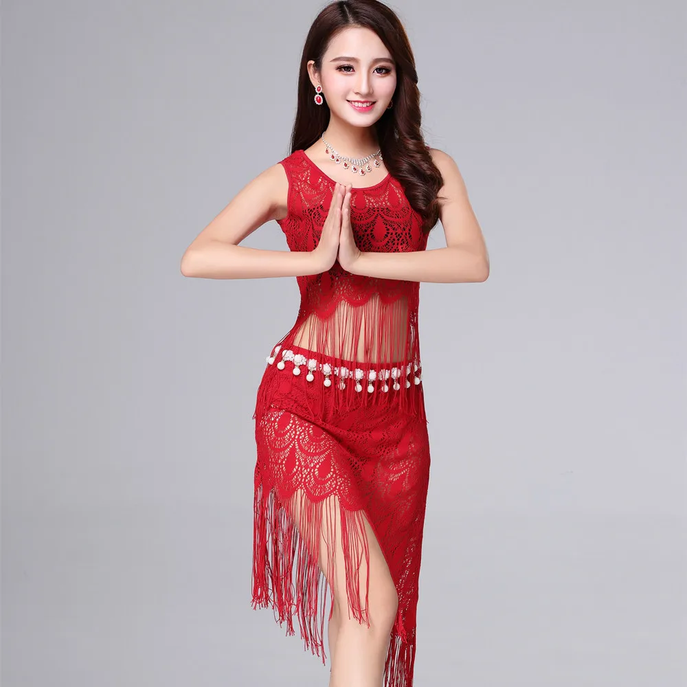 Sexy Belly Dancing Lace Dress Belly Dance Costumes Top Skirt Belt Bellydance Set for Women Adult Oriental Yoga Bollywood Tassels