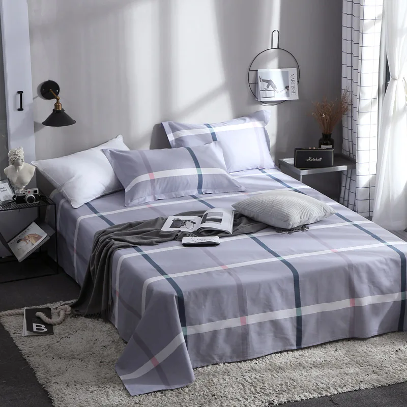 

Purple Solid Plaid Pattern Bed Sheet 100% Cotton Mattress Protector Cover Flat Sheet 3Pcs Soft Bedclothes Twin Full Queen King