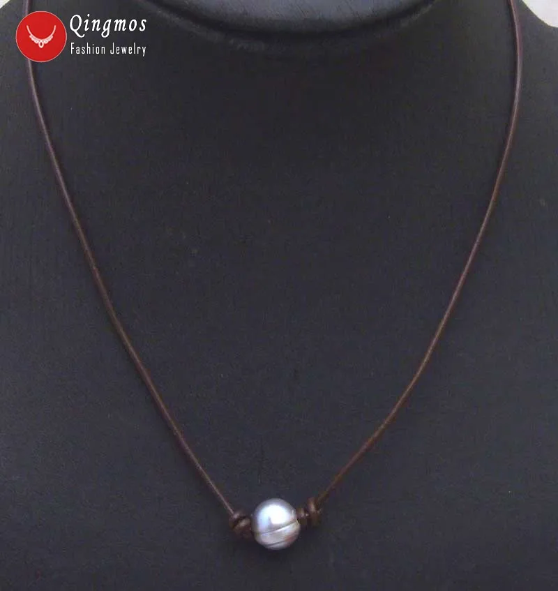 

Qingmos 10-11mm Gray Potato Natural Freshwater Pearl Pendant Necklace for Women 18" with Brown Leather Chokers Necklace 5906