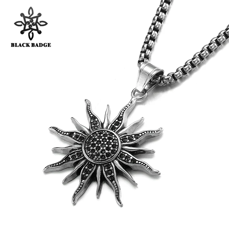 

Hip Hop Jewelry Big Sun Pattern Iced Out Zircon Stainless Steel Necklaces Titanium Pendant Charm Men Chain Necklace