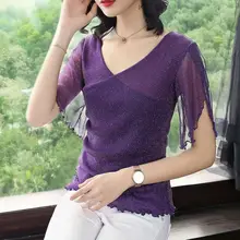 Европа новые летние Для женщин высокое уличный стиль Сексуальная V шеи бабочка Яркий шелковый футболка Топы Женский Тонкий личности Рубашки