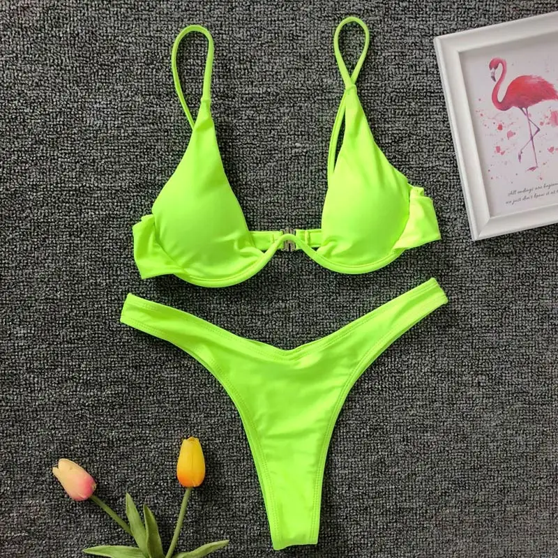 NeonGreenVbarUnderwireBikini2024FemaleSwimsuitWomenSwimwear
