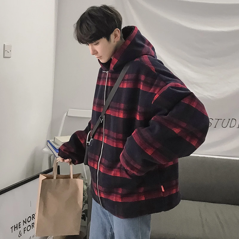 

Fashion Casual Men's Coat Winter New M-XL Plaid Hooded Plus Velvet Loose Coat Jacket Red Plaid Personality Youth Popular