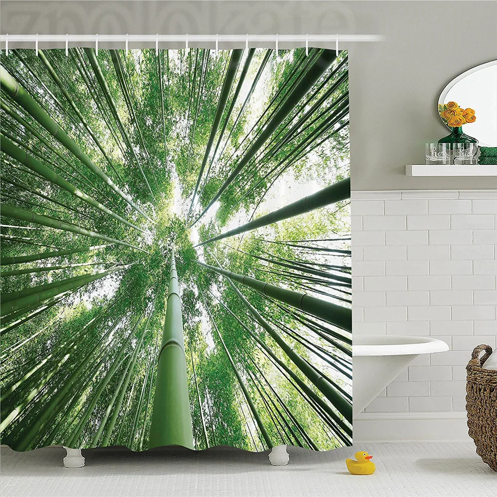 Bamboo Decor Shower Curtain Set Tropical Rain Forest Tall Bamboo Trees in Grove Exotic Asian Nature Zen Decor Style Image Bathro