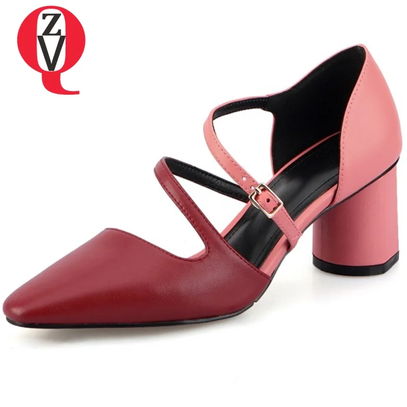 

ZVQ women genuine leather fashion heels shoes pointed toe mixed 3 color high heels buckle shoes ladies summer good quality shoes