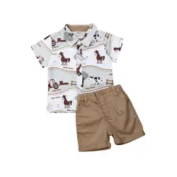 Новинка 2019 года; Одежда для мальчиков; рубашка для маленьких мальчиков; топы с принтом животных + штаны; летняя одежда; комплект из 2
