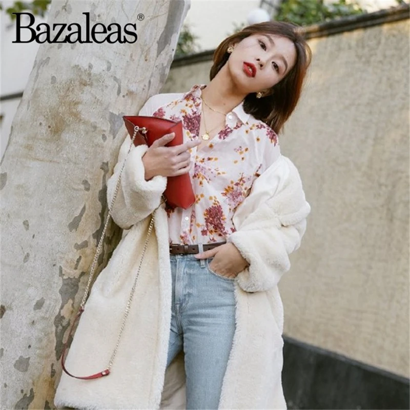 Bazaleas, винтажная рубашка, блузка, повседневные женские топы и блузки, тонкие пуговицы, Blusa Feminina, цветочный принт, blusas mujer de moda
