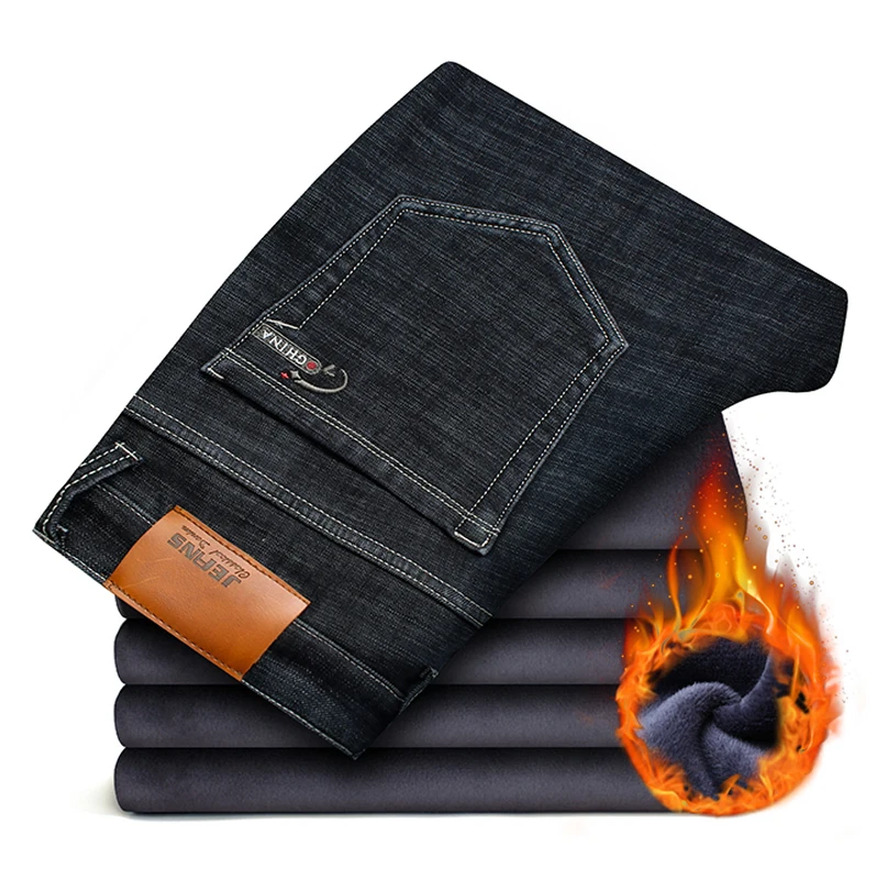 Новинка, зимние мужские теплые черные джинсы, эластичные облегающие утолщенные джинсовые штаны, повседневные мужские синие Большие размеры 38, 40, 42, 44, 46 - Цвет: Черный