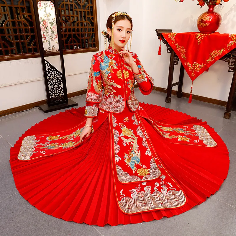 Модные женские туфли феникс вышивка Cheongsam Длинные Qipao Китайский традиционный свадебное платье свободные Винтажные наряды Vestido Oriental