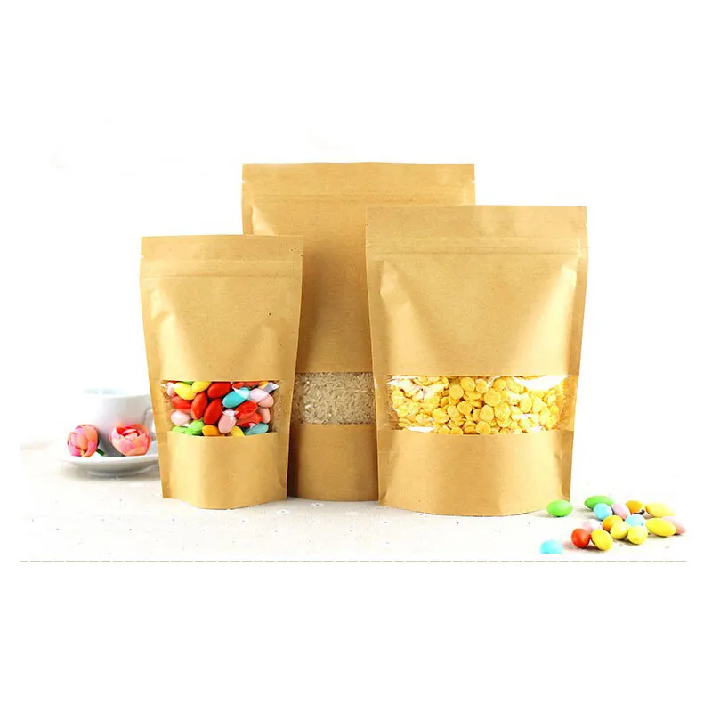 100pcs Brown Kraft Paper Bags For Gifts/candy/tea/food/wedding With Window Stand Up Zipper Kraft Bags Crafts Packing Bag Display