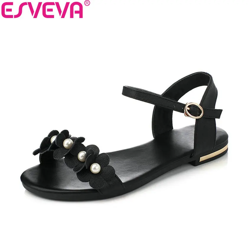 

ESVEVA 2017 Women Sandals Flower Cow Leather Female Sandals Low Heel Shoes Summer Sandals Shoes Casual Women Shoes Size 34-39