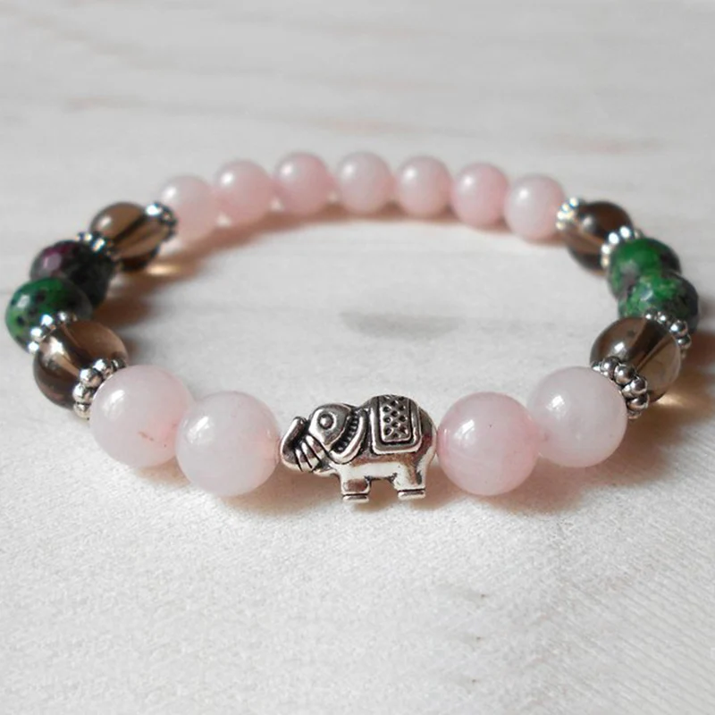 

Rose Quartzs Handmade Beaded Pulseira Mulher Healing Stone Energy Bracelet Pink Stone Elephant Pendant Bracelet Women Gift