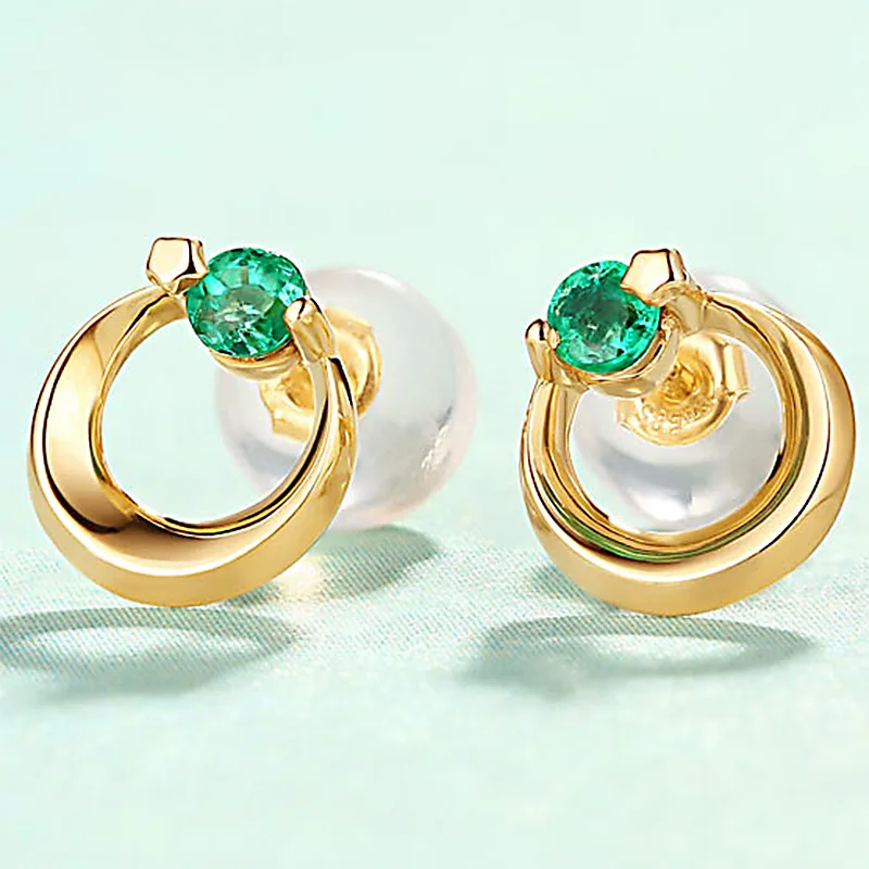 

Trendy 14K Pure Real Yellow Gold Emerald Pierced Earrings for Women Girl Fancy Solid Genuine Stud Fine Jewelry Gift Party