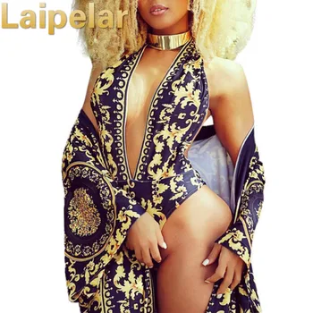 

Laipelar 2018 sexy 2 pieces Tracksuits women sets v-neck sexy print rompers bodysuits beach wear hollow out long maxi coat tops