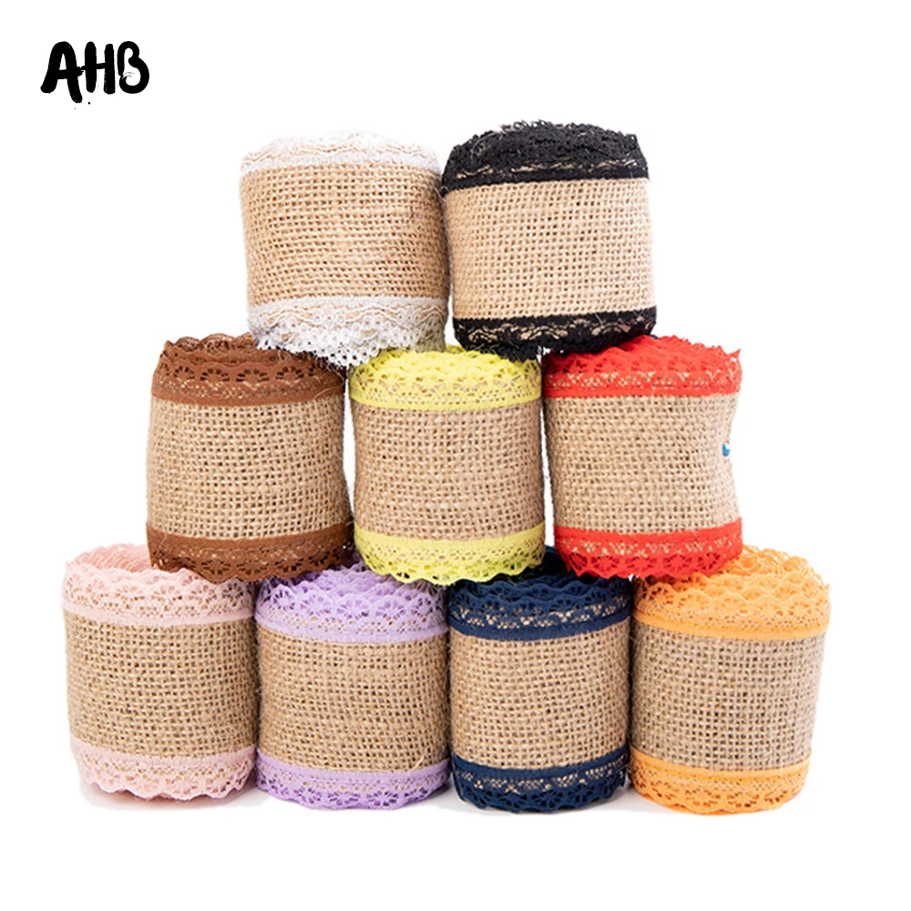 

AHB 2M/roll Natural Hemp Ribbon Jute Burlap Hessian Ribbon With Lace DIY Trim Fabric For Sewing Wedding Decoration Accessories