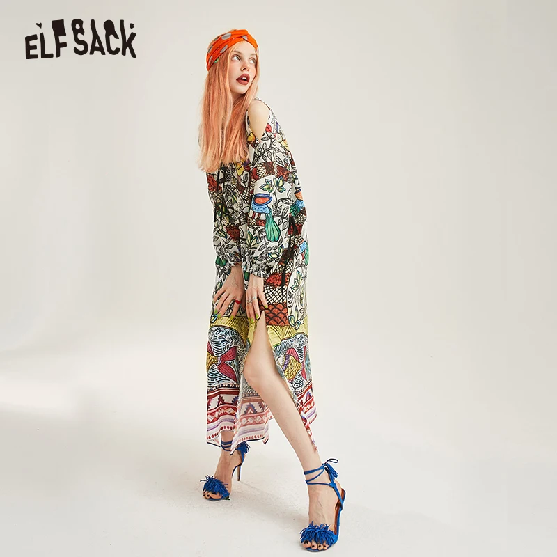 ELFSACK Vintage Floral Print Women Chiffon Dresses Fashion A-Line Full Sleeve Lace up Female Holiday Dress Elegant Dress