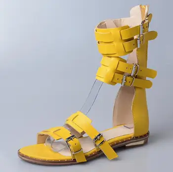 

New Designer Woman Flat Buckle Sandal Summer Open Toe Buckle Strap Gladiator Sandal Boots Sexy Cut-out Cage Shoes Yellow Black