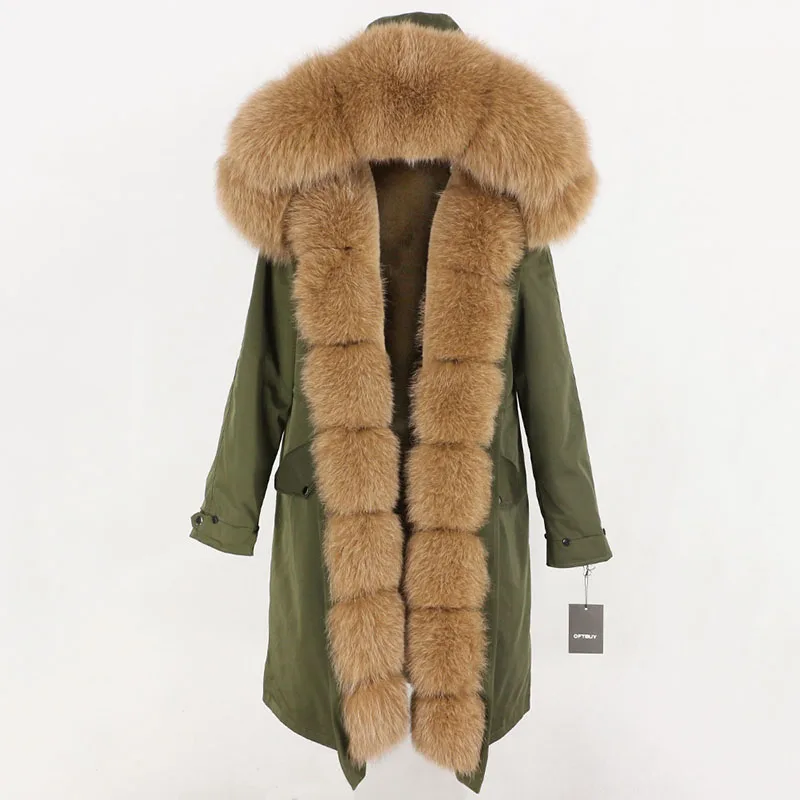 green camel OFTBUY, водонепроницаемое пальто с натуральным мехом, удлиненная парка, зимняя куртка для женщин, Воротник из натурального Лисьего меха, капюшон, Толстая теплая верхняя одежда, съемная, Новинка - Цвет: green camel