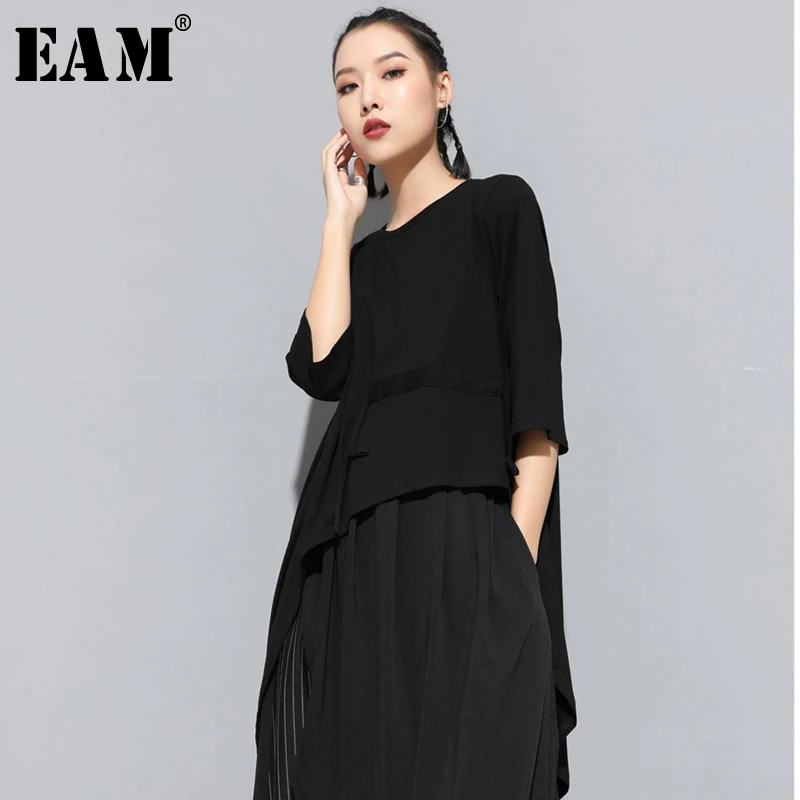 

[EAM] 2019 New Spring Summer Round Neck Short Sleeve Black Drawstring Back Long Split Joint Loose T-shirt Women Fashion JS872