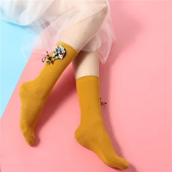 

Fashionable women breathable embroidery cotton socks summer beads Cotton Socks Retro Short Meias Harajuku candy color thin socks