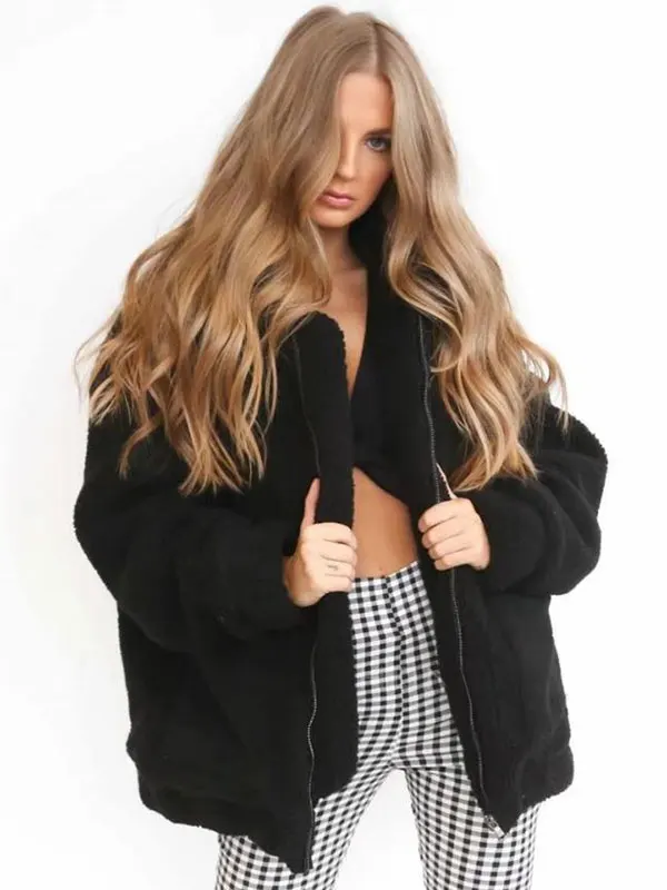 Fausse Fourrure Manches Turn Femmes D'hiver En Manteau Veste Down Longues Teddy Col zT8xSwRwq