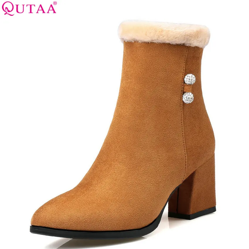 

QUTAA 2018 Women Ankle Boots Zipper Design Fur Winter Flock Square High Heel Round Toe Solid Fahion Women Ankle Boots Size 34-43