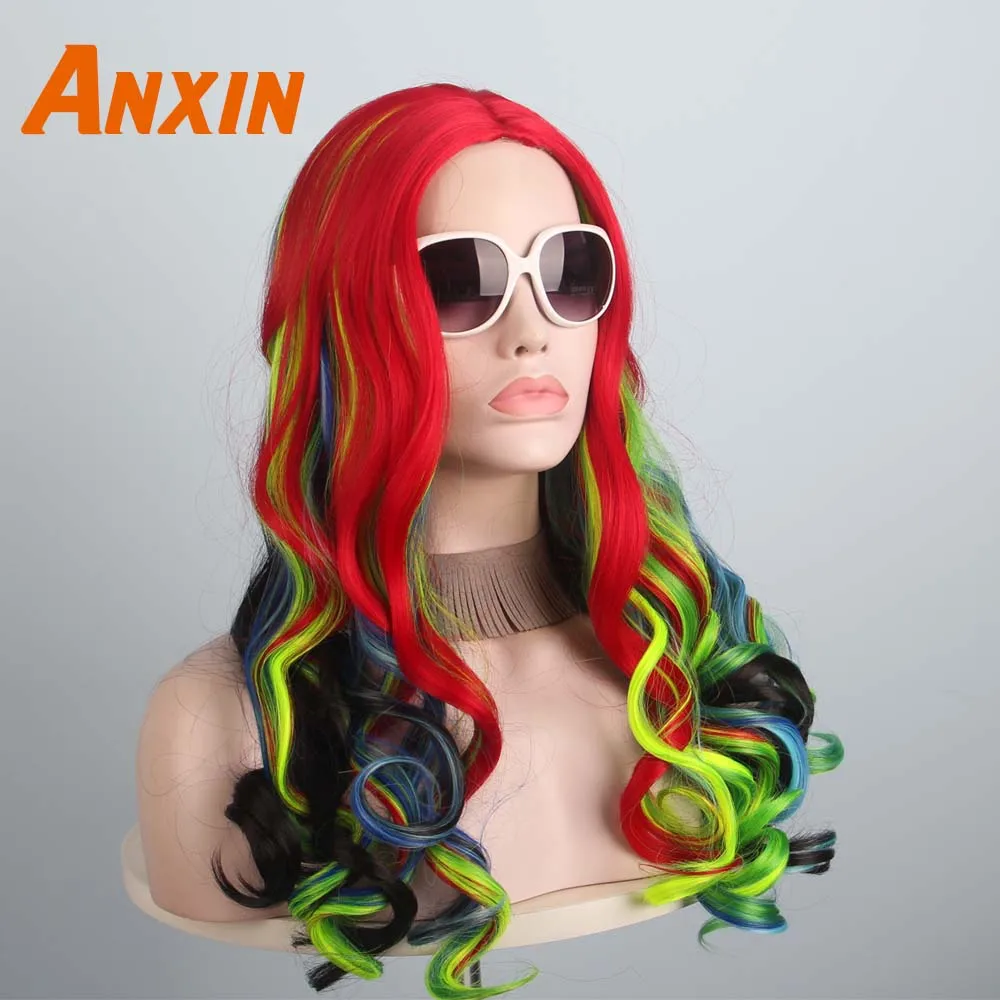 Anxin милые длинные волнистые красочные парики с цветком Bwoknot аксессуары вечерние аниме термостойкие синтетические парики для женщин девушек - Цвет: WigC
