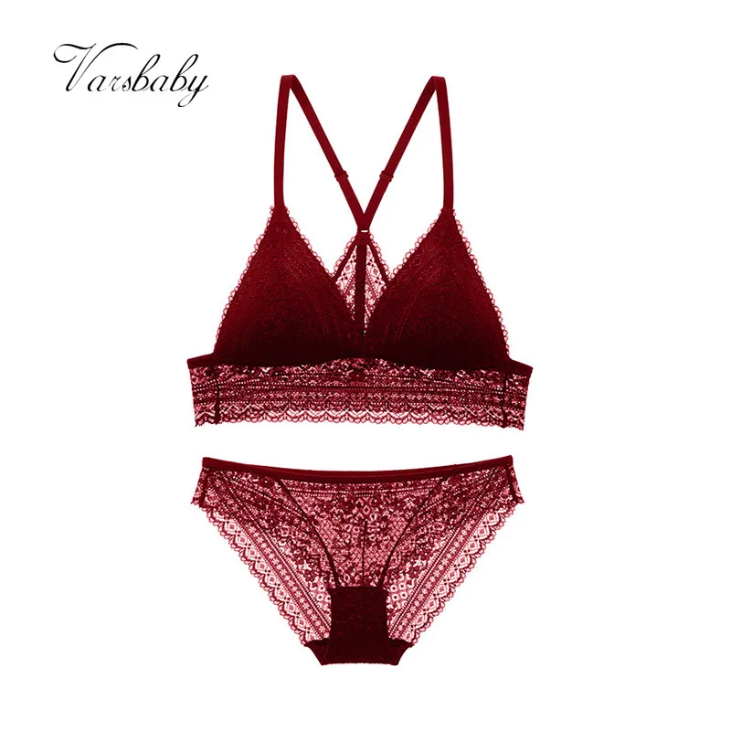  Varsbaby women's sexy lace print wire free push up underwear beauty back bra sets