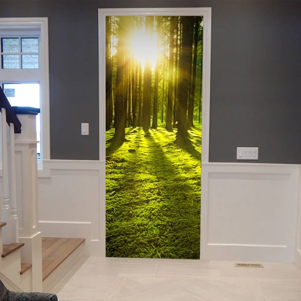 Billig 3D Tür Aufkleber Traumhafte Wald Poster Wand Aufkleber Tür Wandbild Kunst Schlafzimmer Tür Wasserdichte PVC Aufkleber Tapete DIY Home Decor