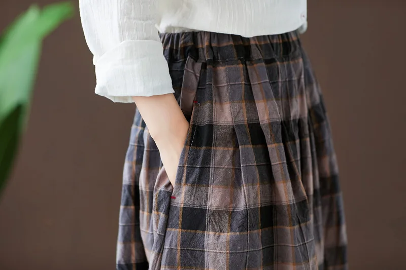 KYQIAO jupe femme women autumn spring Japanese style brief elegant long elastic waist plaid skirt faldas mujer moda