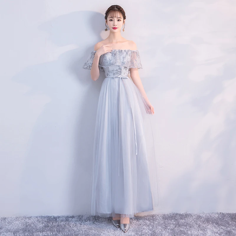 

Long Grey Colour Dress Wedding Party Dress Bridesmaid Dress Embroidery Floor Length
