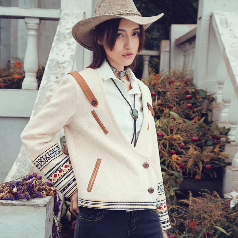

Jessica's Store Spring Autumn Women Novelty Big V-Neck Indian Embroidery Casual Loose Long-Sleeve Cotton-Linen Short Jacket Coat